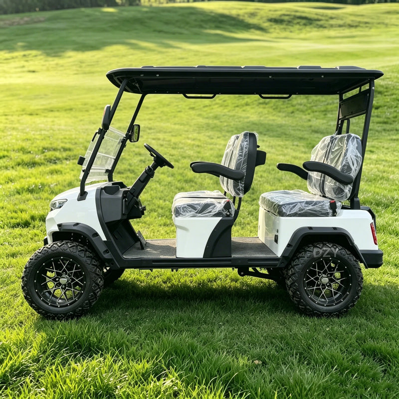 Voiturette de golf électrique blanche à calandre ajourée – vue de profil 2 places