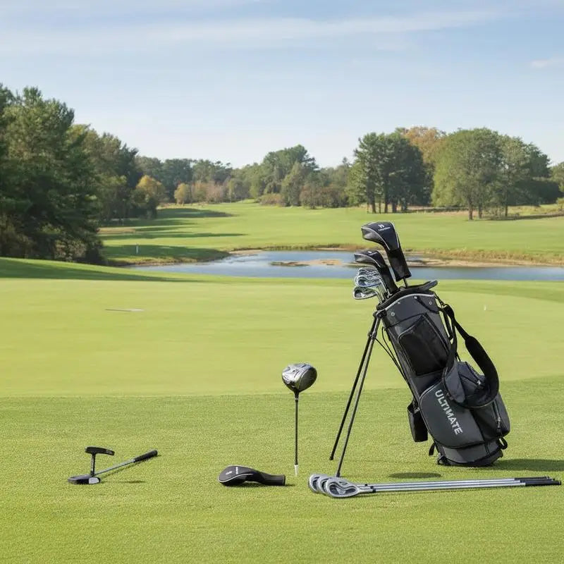 Kit de golf complet gaucher – sac trépied gris, driver, putter et fers sur le parcours