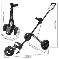 Chariot de golf manuel pliable 3 roues noir – schéma des dimensions déployé et replié