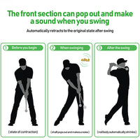Entraîneur de swing golf télescopique – fonctionnement en trois étapes, rétracté, déclic, rétraction