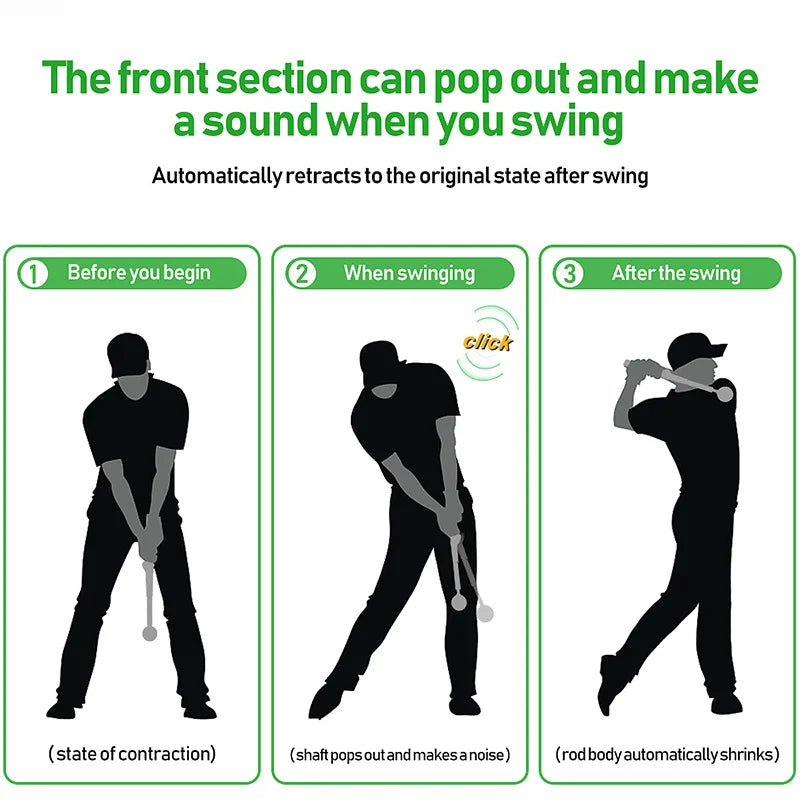 Entraîneur de swing golf télescopique – fonctionnement en trois étapes, rétracté, déclic, rétraction