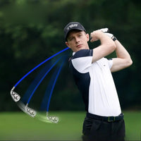 Club d'entraînement swing golf – joueur en fin de swing, manche souple fléchi