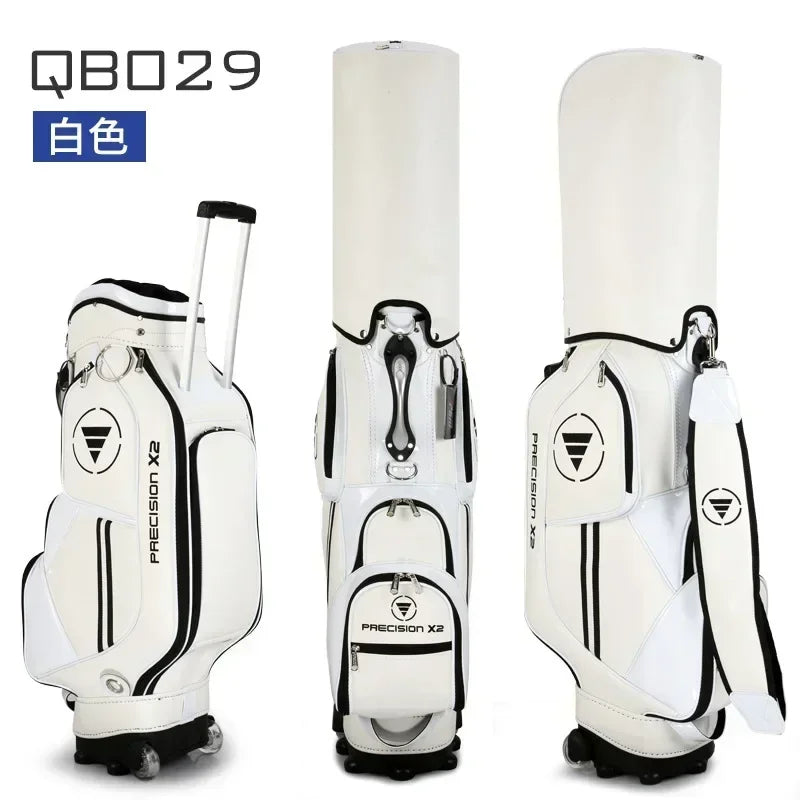 Sac de golf tour en cuir PU à roulettes – sac blanc de face, de dos et de côté