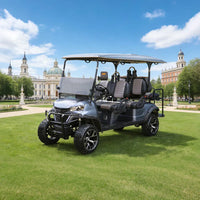 Voiturette de golf électrique lithium – vue de trois quarts avant devant un parc