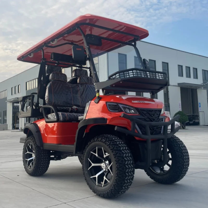 Voiturette de golf électrique tout-terrain – vue de trois quarts avant avec panier et barre sous le toit