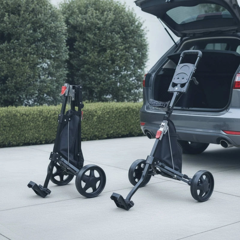 Chariot de golf manuel compact – chariots replié et déplié près d'une voiture
