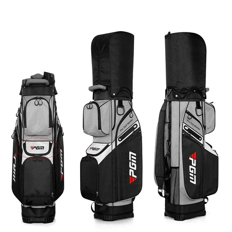 Sac de golf chariot déperlant – sac noir et gris vu de face, de dos avec capot et de côté