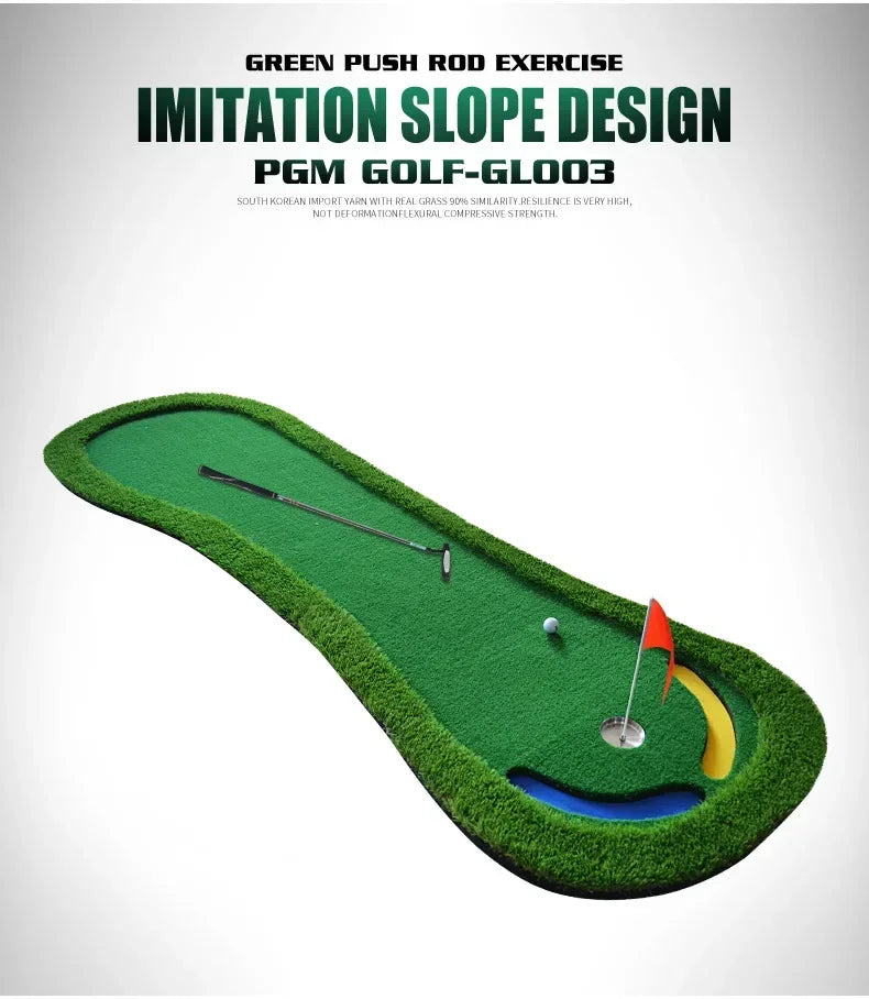 Putting green d'entraînement – tapis en perspective avec drapeau et reliefs de pente