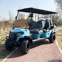 Voiturette de golf électrique tout-terrain – version 6 places bleu ciel vue de trois quarts avant