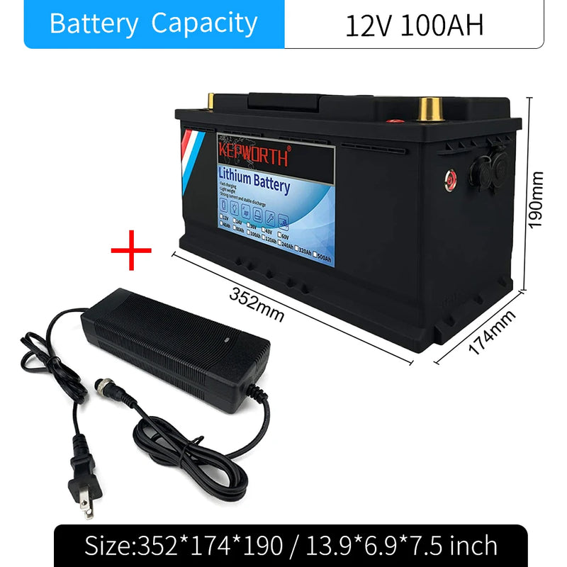 Batterie lithium LiFePO4 12 V à 48 V – batterie 12 V 100 Ah de 352 × 174 × 190 mm avec son chargeur