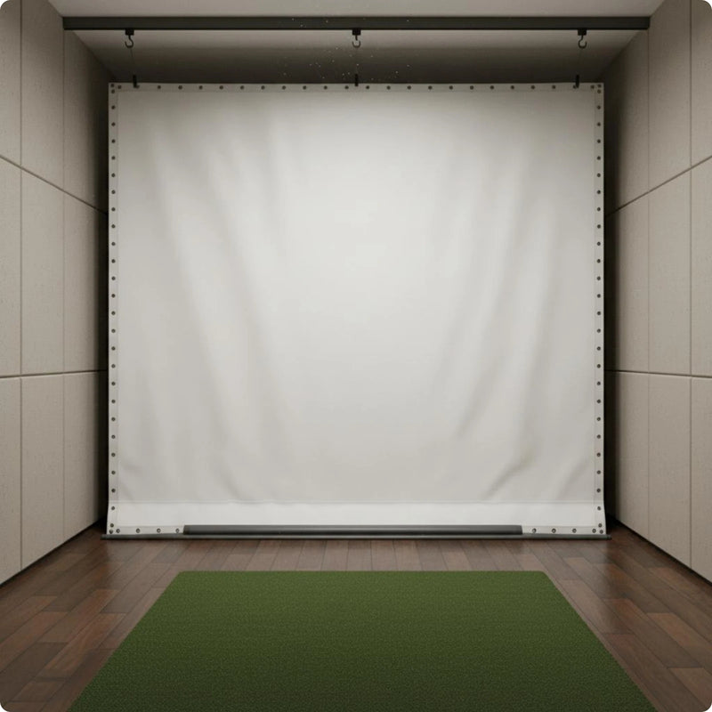 Écran de simulateur de golf – format 3 m × 3 m dans une salle avec tapis de frappe
