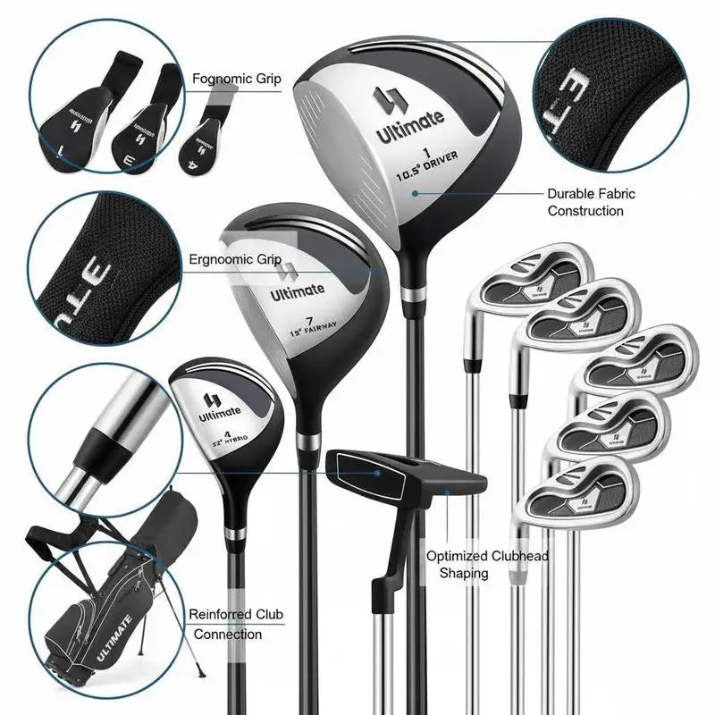 Set de golf complet gaucher – grips, couvre-clubs et détails du sac trépied