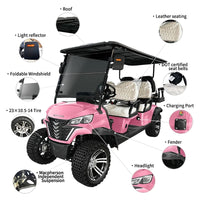 Voiturette de golf électrique surélevée – schéma des équipements : toit, sièges, pare-brise rabattable, port de charge, suspension