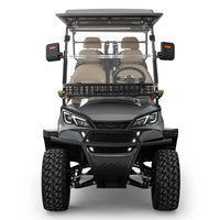 Voiturette de golf électrique 6 places tout-terrain – vue de face avec gros pneus crantés