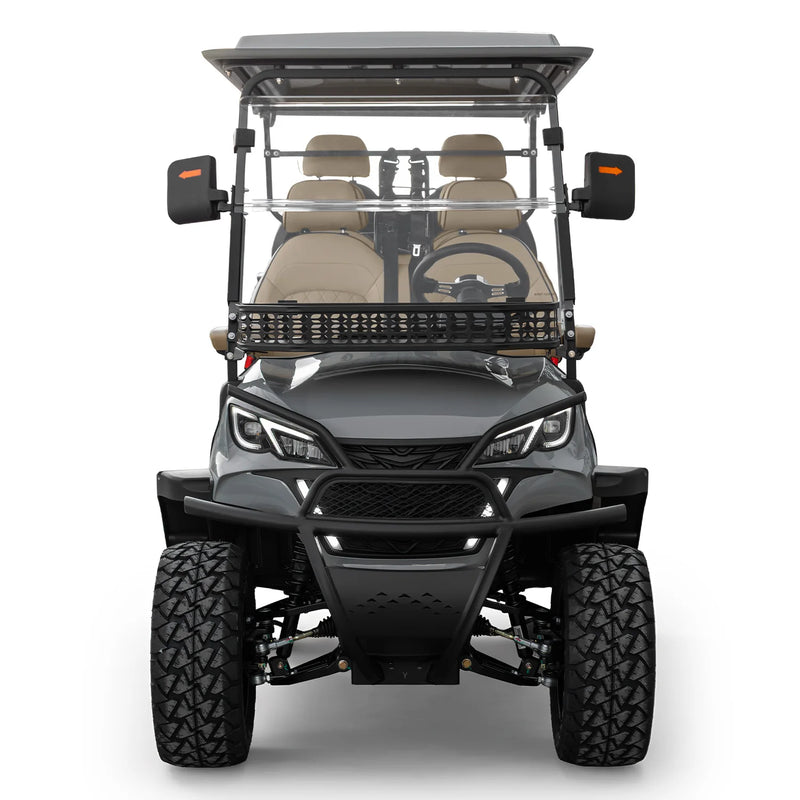Voiturette de golf électrique 6 places tout-terrain – vue de face avec gros pneus crantés