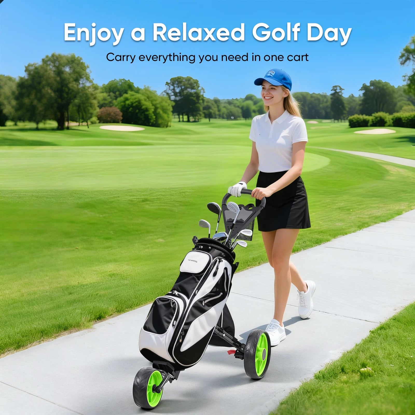 Chariot de golf pliable 3 roues 5 kg porte-bouteille et sac isotherme