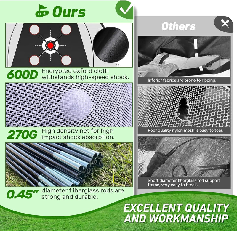 Filet de golf multi-cibles – comparaison du tissu Oxford 600D, du filet nylon de 270 g et des arceaux en fibre de verre
