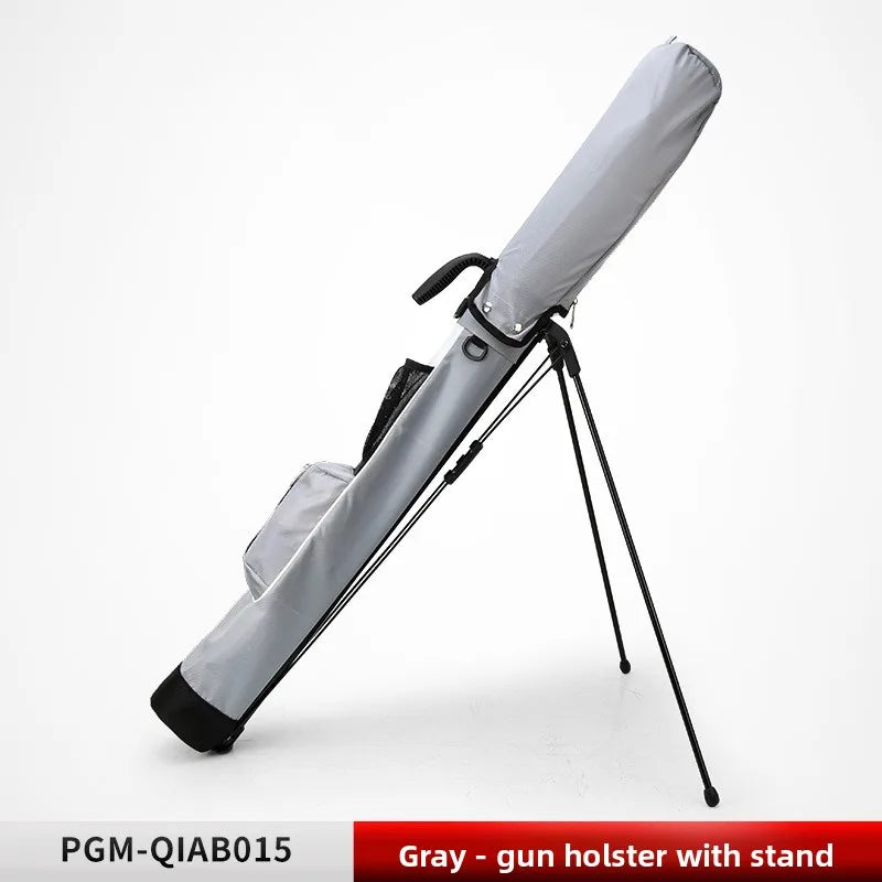 Sac de golf pencil ultraléger – sac gris sur son trépied, vue de trois quarts