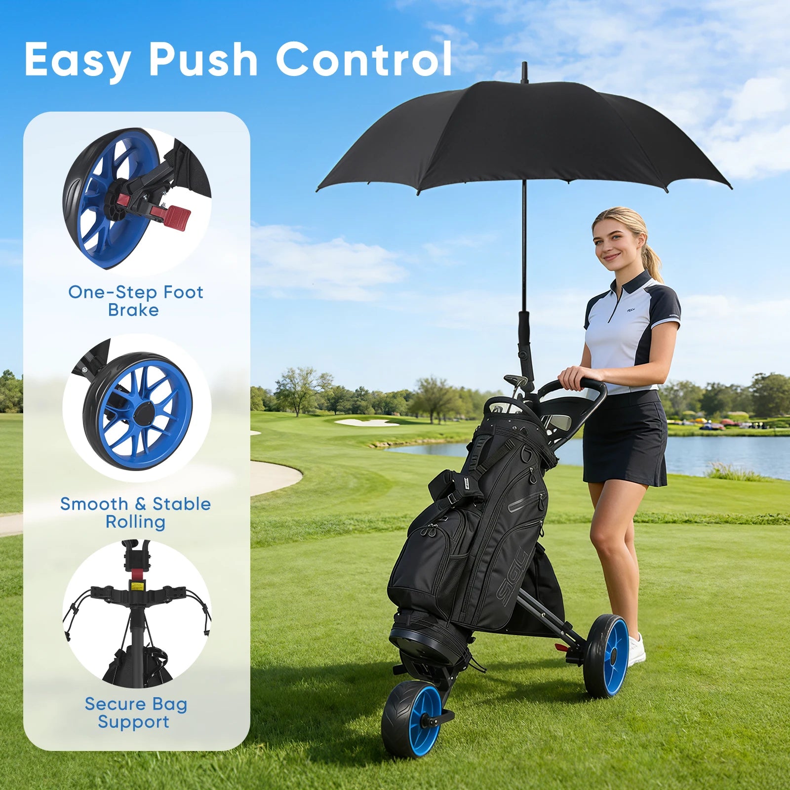 Chariot de golf pliable 3 roues poignée réglable roues bleues ou noires