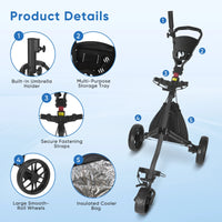 Chariot de golf manuel pliable – détails du porte-parapluie, du plateau, des sangles, des roues et du sac isotherme