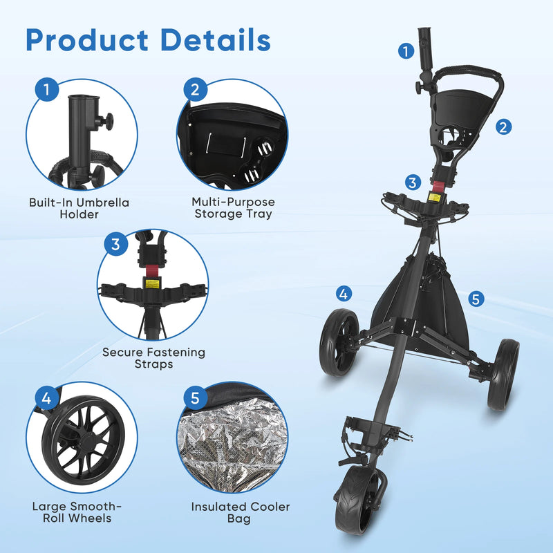 Chariot de golf manuel pliable – détails du porte-parapluie, du plateau, des sangles, des roues et du sac isotherme