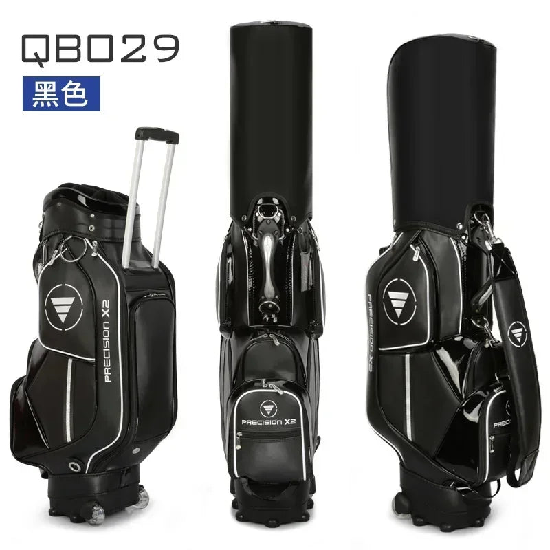 Sac de golf tour en cuir PU à roulettes – sac noir de face, de dos et de côté