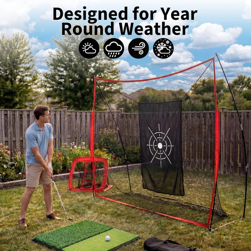 Filet de golf rouge – filet installé dans un jardin devant une clôture