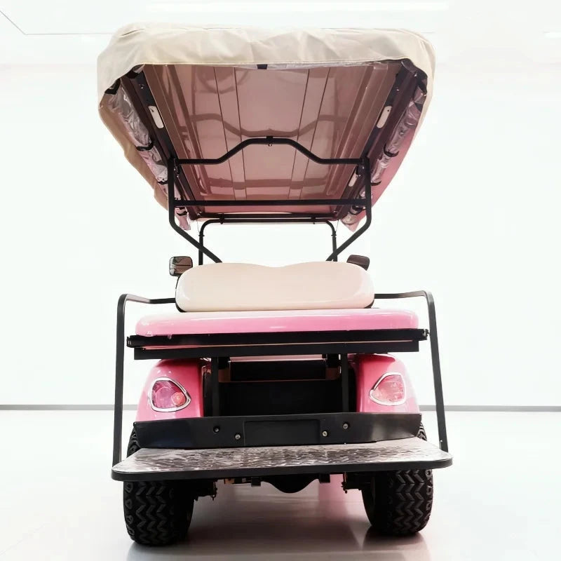 Voiturette de golf électrique multifonction rose à toit crème – vue arrière