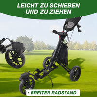Chariot de golf pliable 3 roues – vue du chariot déployé et de la roue pliée sur l'herbe