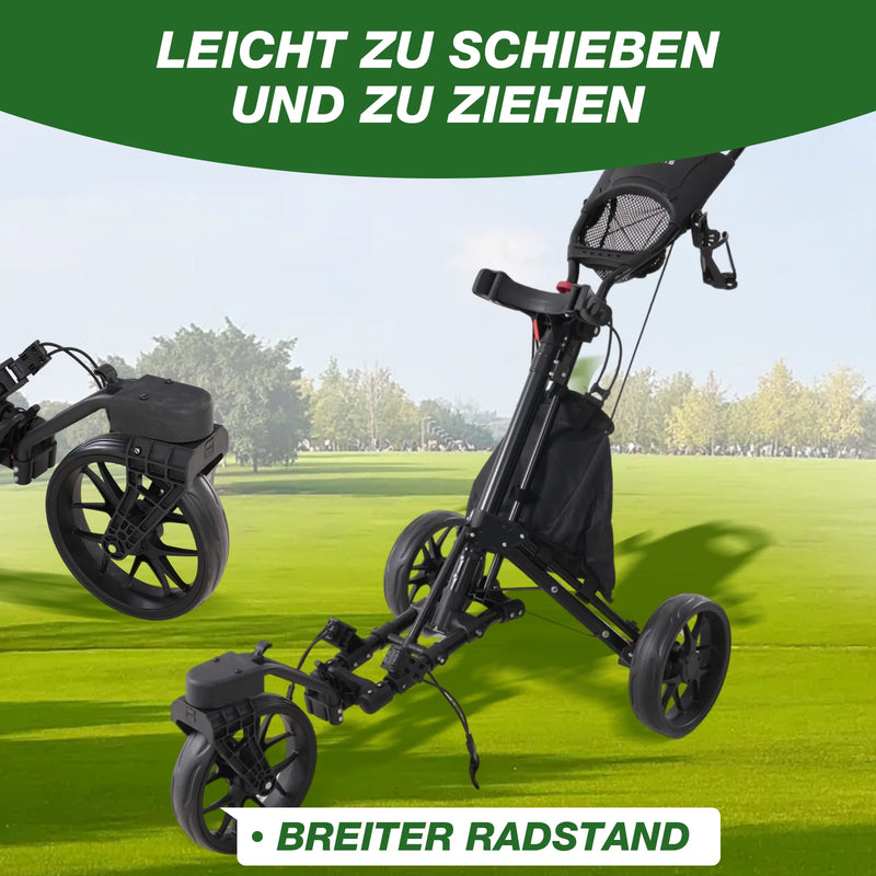 Chariot de golf pliable 3 roues – vue du chariot déployé et de la roue pliée sur l'herbe