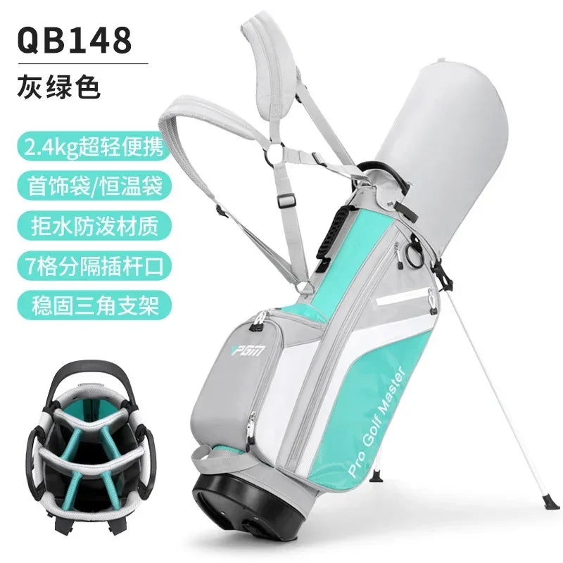 Sac de golf trépied femme – version gris et turquoise avec bretelles et pieds déployés