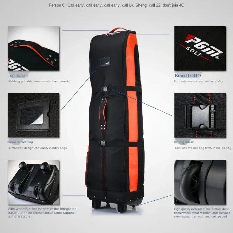 Housse de voyage golf pliable – détails : poignée du haut, porte-étiquette, boucle de fixation et roues du fond