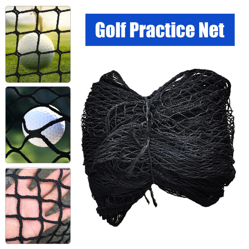 Filet de golf noir en polyéthylène – filet plié et détails de la maille avec une balle