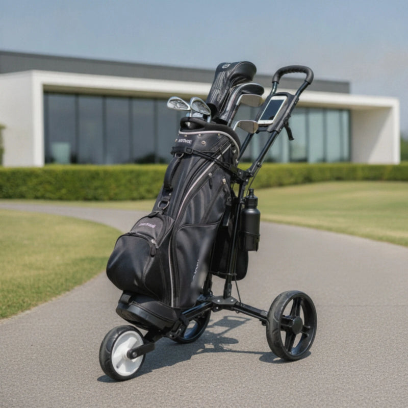 Chariot de golf manuel pliable à 3 roues – chariot avec sac de golf devant un bâtiment moderne