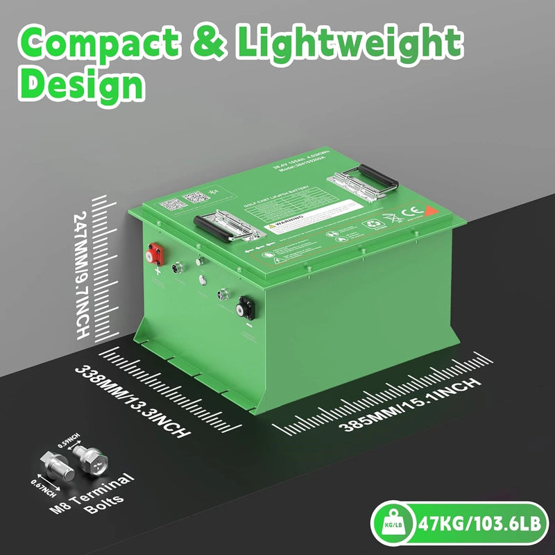 Batterie lithium voiturette de golf 48 V 105 Ah – version à boîtier vert, dimensions et poids