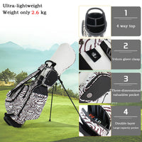 Sac de golf trépied léger à motif animalier – schéma des atouts du sac : poids 2,6 kg, sommet à 4 compartiments, fermeture velcro pour gant, poche d'objets de valeur, poche à double couche