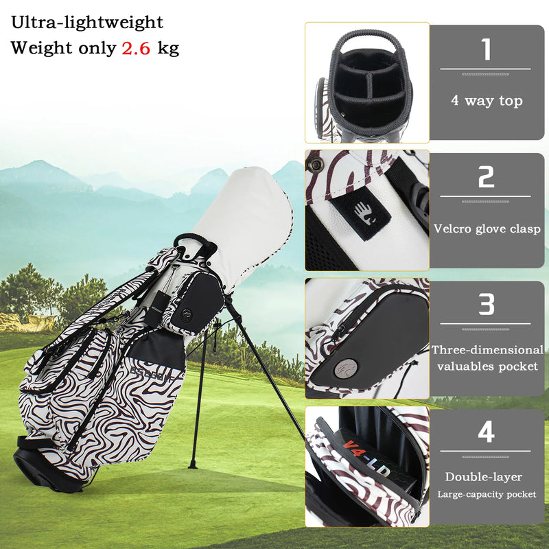Sac de golf trépied léger à motif animalier – schéma des atouts du sac : poids 2,6 kg, sommet à 4 compartiments, fermeture velcro pour gant, poche d'objets de valeur, poche à double couche