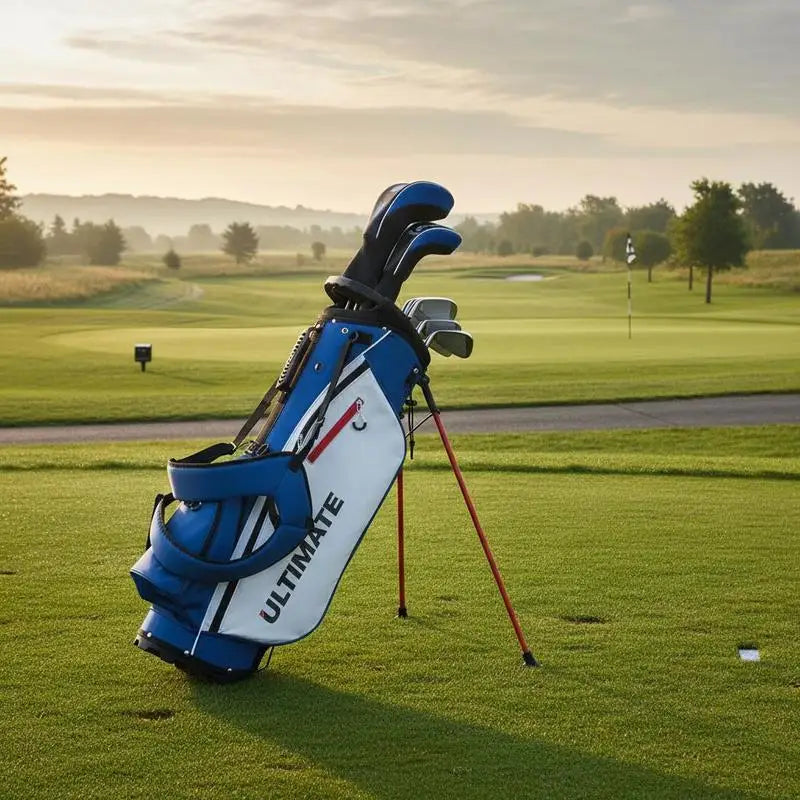 Set de golf complet débutant – sac trépied bleu et blanc sur le parcours
