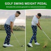 Plateforme d'entraînement swing golf – golfeur en position d'adresse puis en fin de swing avec la plateforme sous le pied