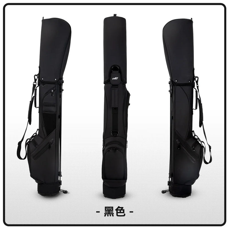 Sac de golf pencil à trépied en cuir PU – sac noir vu de face, de dos et de côté