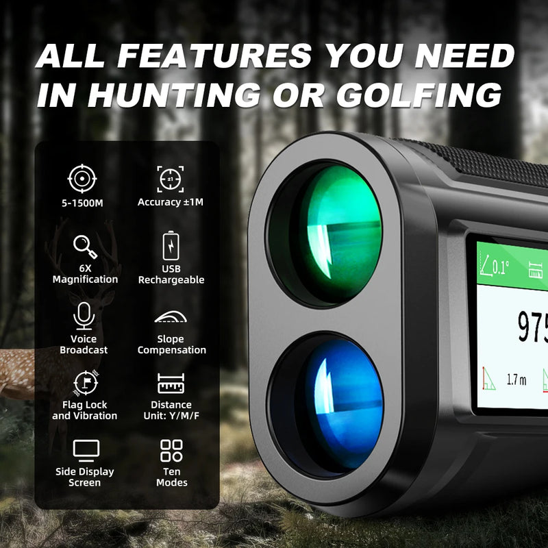 Télémètre laser de golf – tableau des fonctions : portée, grossissement, batterie USB, pente, drapeau