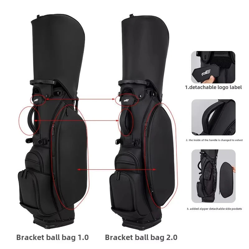 Sac de golf trépied en cuir PU – sac noir de face et de dos avec les trois détails de la poignée, de l'étiquette et de la poche zippée