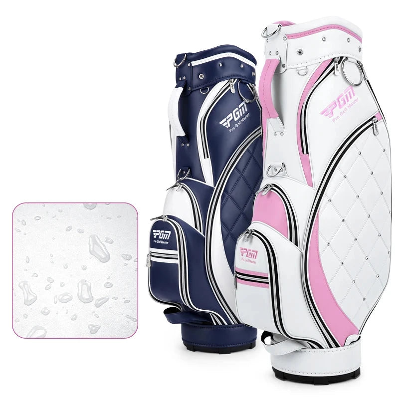 Sac de golf tour femme – coloris bleu marine et blanc et blanc et rose avec détail de l'imperméabilité