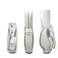 Set de golf complet femme – sac blanc à liserés turquoise vu sous trois angles