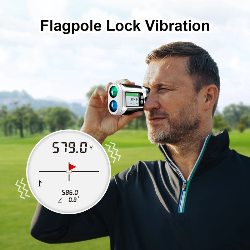 Télémètre laser de golf – golfeur visant le drapeau avec verrouillage et vibration