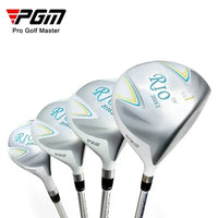 Clubs de golf droitier blanc et argent – les quatre têtes de la gamme côte à côte, du driver à l'hybride