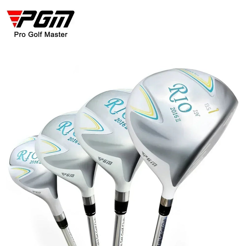 Clubs de golf droitier blanc et argent – les quatre têtes de la gamme côte à côte, du driver à l'hybride