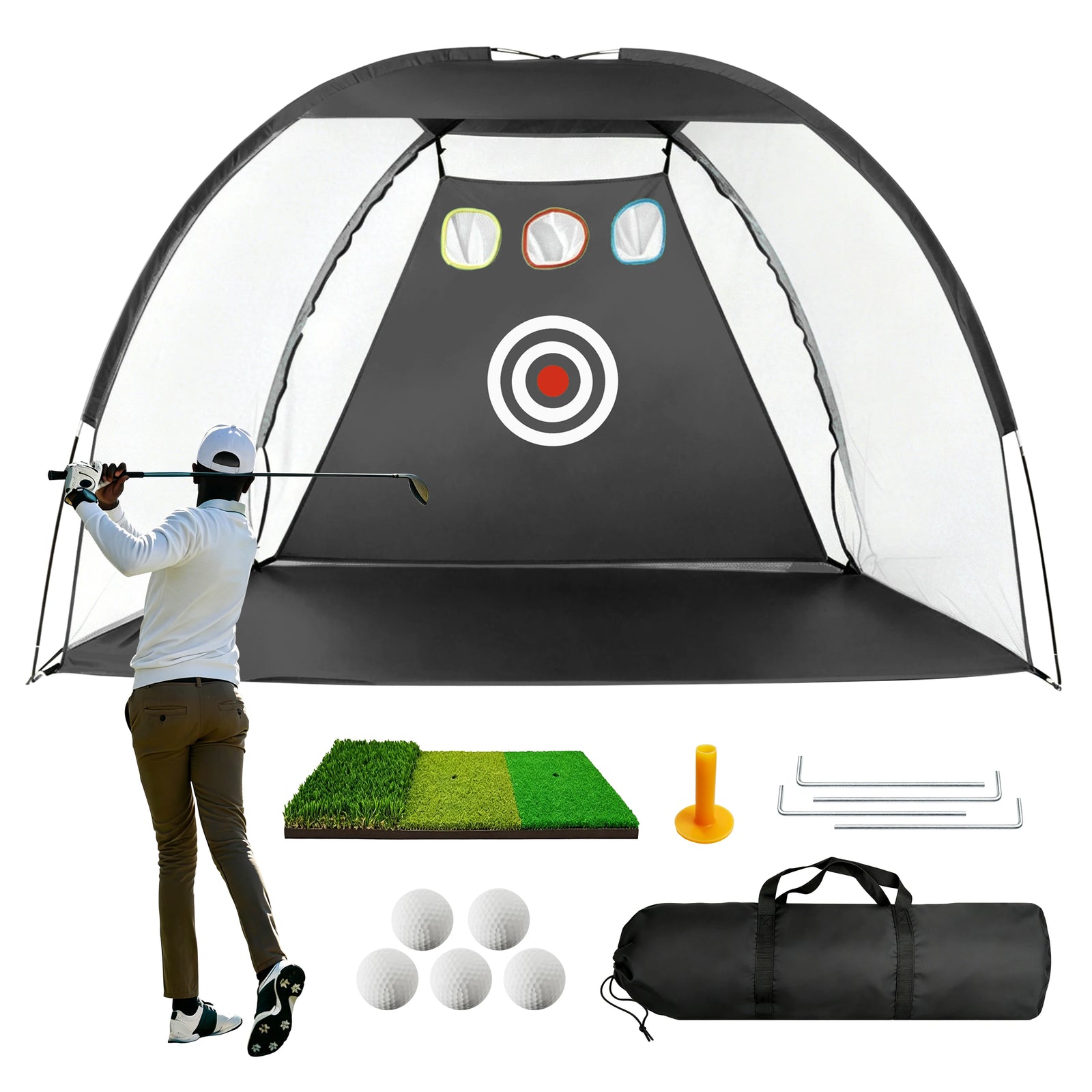 Filet de golf avec cible et poches, noir ou vert, tapis tri-zone et 5 balles