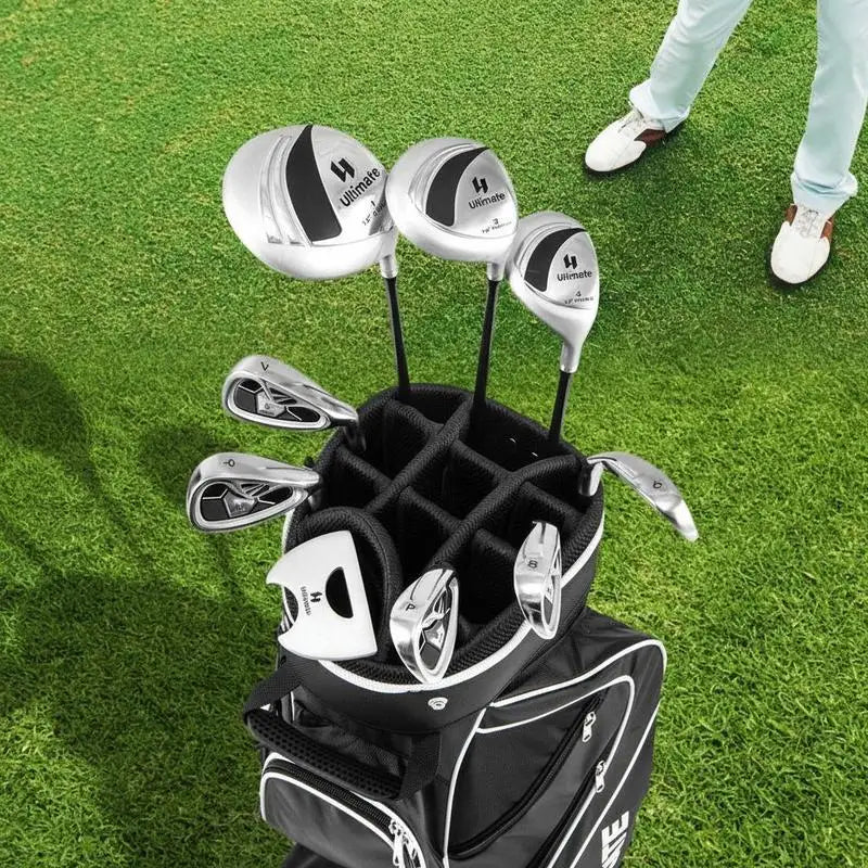 Set de golf complet femme – vue des bois et des fers dans le sac noir