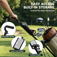 Chariot de golf ultra compact 2 roues – détails de la poignée, du support de carte de score et du porte-balles